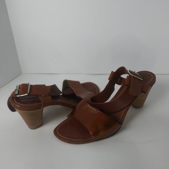 AGL T-Strap Slingback Handmade Sandals Brown Copper Patent Stacked Heel Size 40 - Picture 6 of 6